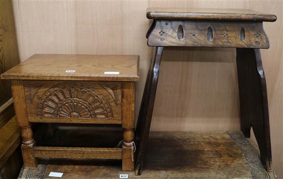 An oak sewing box and an oak stool, H.41cm and 61cm